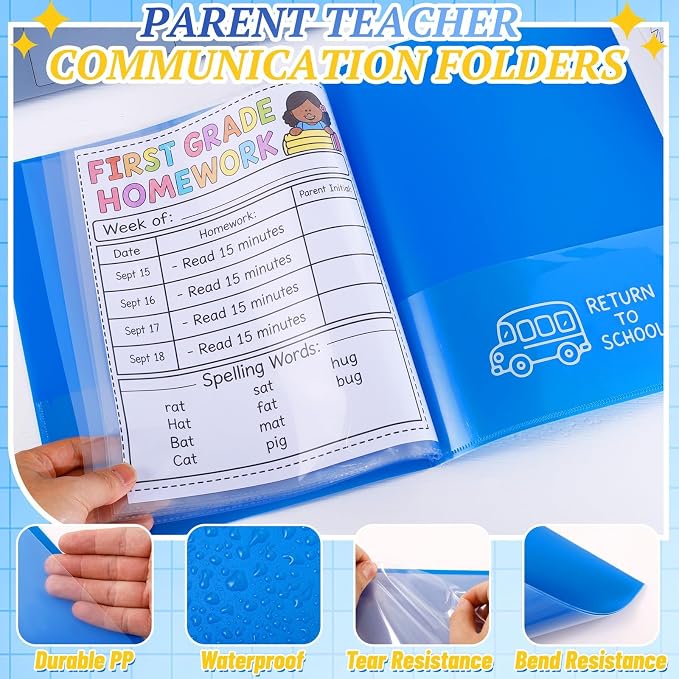 12 Pcs Take Home Folders for Elementary Students,Back to School 2 Pocket Folders with Clear Front Pocket 4 Inner Pockets,Plastic Parent Teacher Communication Folder 11.81 x 9.45 Inch (Blue)