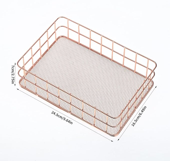 2pcs Rose Basket Bathroom Gold Organizer Storage Basket For Decor Desktop Exquisite Vanity Dresser Ornament Office Stationery Home(9.65*6.5*2.75inch) (Rose)