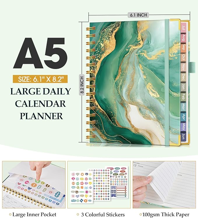 Academic Planner 2026-2027, Hardcover Leather Weekly and Monthly Calendar Planner from July 2026 - June 2027, A5 6.1" x 8.2" Daily Agenda with Tabs, College School Organizer for Student Teacher, Slate (Marble)