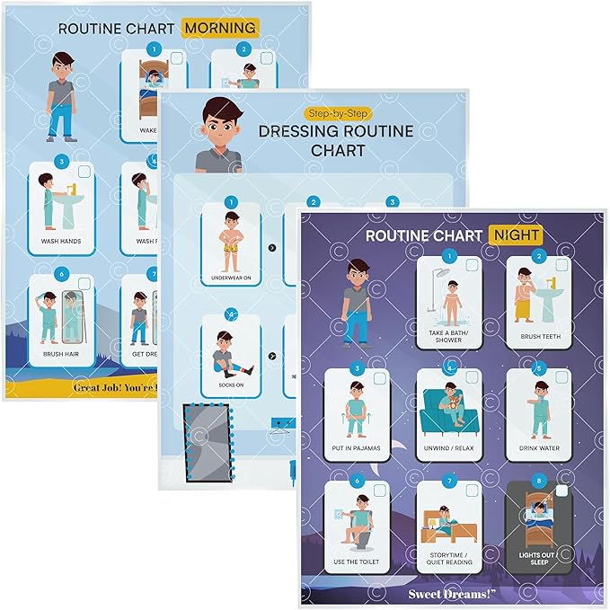 Educational Chart for Kids Step by Step Laminated 9x12 Inch for Children Self Care Visual Chart Ideal for Special Needs and Autism (Daily Routine Chart)