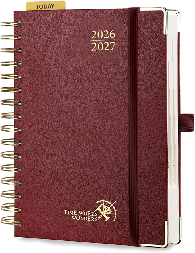 POPRUN 2026-2027 Daily Planner One Page Per Day, 5.75" x 8.5", Academic Daily Calendar Book with July 2026 to June 2027, Hardcover Appointment Book with Hourly Time Slots, Spiral Bound, Monthly Tabs - Burgundy
