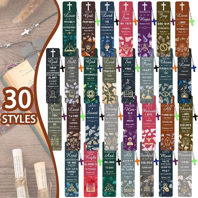 30 Pcs Bible Verses Bookmarks with Hollow Cross and Cross Pendants Inspirational Book Markers Christian Bookmarks, Christian Gifts Reading Reward Scripture Church Supplies for Women Kids Men