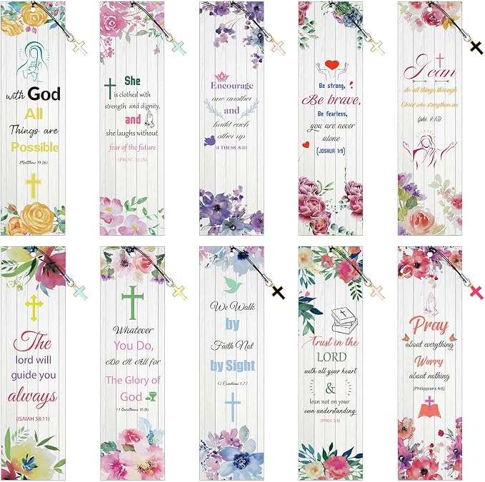 Tenare 20 Pcs Christian Bible Bookmarks for Women, Inspirational Verses Bookmarks with Cross Pendants, Religious Gifts for Women Men Reading Lovers(Watercolor Floral Style)