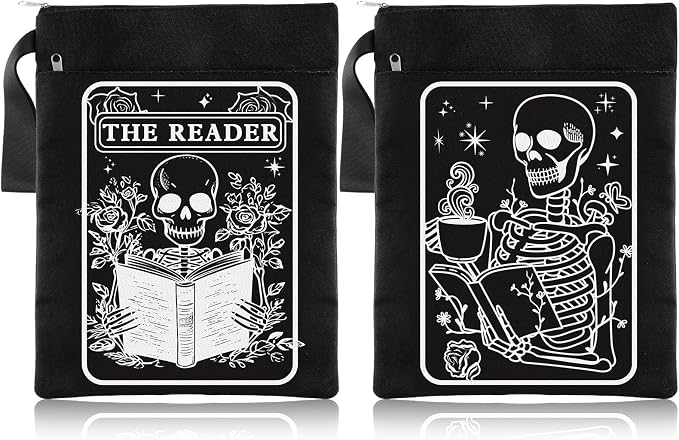 Feifeiya 2 Pcs Book Sleeves Gothic Skeleton Skull Canvas Book Cover Pouches with Zipper Washable Front Pocket Gifts for Books Lover Reader Reading