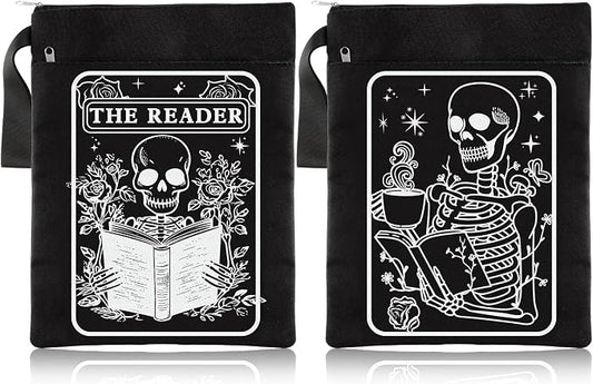 Feifeiya 2 Pcs Book Sleeves Gothic Skeleton Skull Canvas Book Cover Pouches with Zipper Washable Front Pocket Gifts for Books Lover Reader Reading