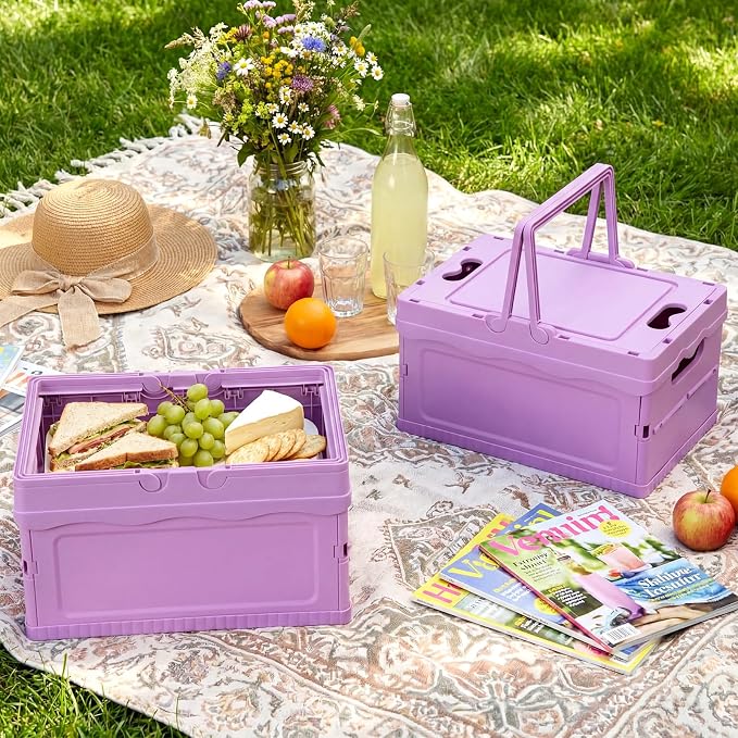 2 Pcs Pastel Plastic Collapsible Storage Crates with Lids and Handle Collapsible Picnic Basket Stackable Storage Bins Cute Foldable Container for Home Kitchen Office Bathroom(Purple)