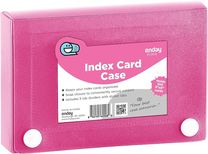 Enday Index Card Holder Pink, 3x5 Note Flash Card Organizer Case, File Box with 5 Dividers, Notecard Box Holds 100 Cards, Also Available in Red, Purple, Green, Blue, Grey, 1 Pack