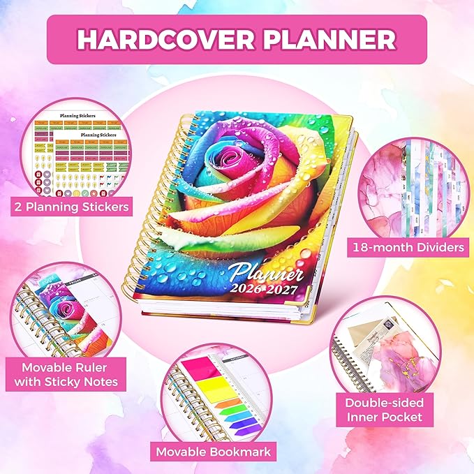 Planner 2026-2027, 18 Month Weekly and Monthly Planner, Jan. 2026 - Jun. 2027, 9" x 11.6" A4 Large Hardcover Calendar Planner with Page Tabs, Separator Page, Inner Pocket, Bookmark, Stickers, Sticky Note Set