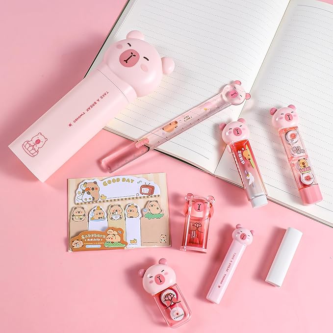9 Pcs Cute Capybara Stationary Set Kawaii School Supplies Japanese Stationery, Includes Pencil Sharpener, Eraser, Correction Tape, Glue Tape, Sticky Notes, Ruler, Scissors for Office School Supplies