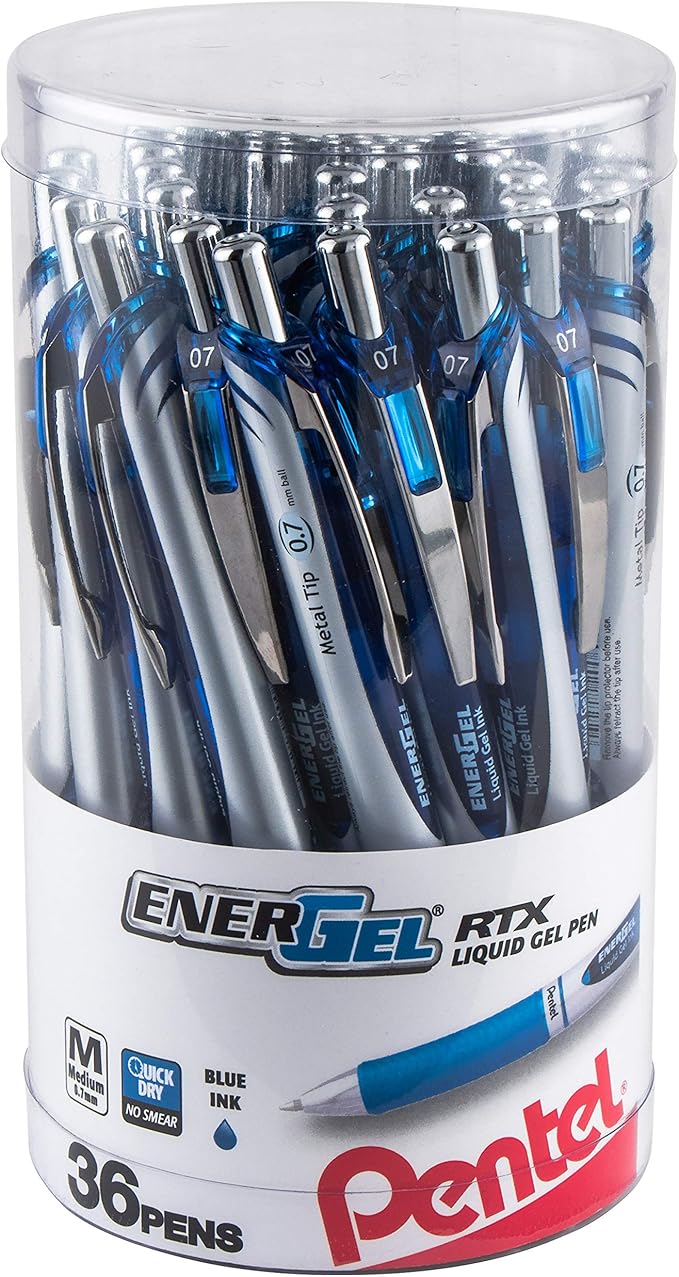 Pentel EnerGel RTX Retractable Liquid Gel Pen Canister, 0.7mm, Medium Line Blue Ink, (BL77PC36C) (Pack of 1, 36 Count Total)