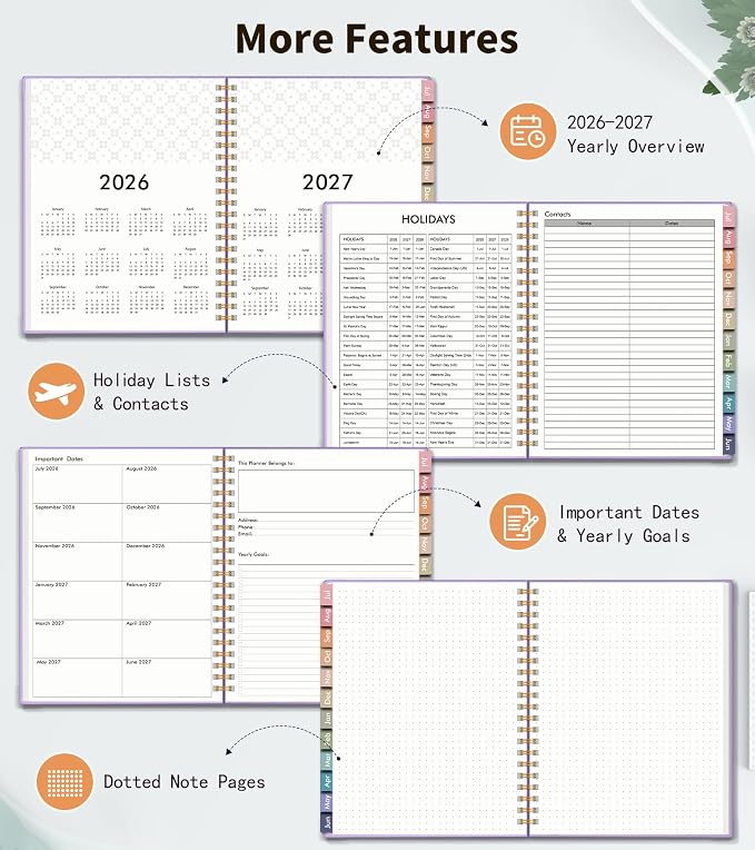 Academic Planner 2026-2027, Weekly and Monthly Calendar Planner from July 2026 - June 2027, 6.1" x 8.2" A5 Large Daily Agenda Book with Tabs, Flexible Cover, College School Organizer for Student Teacher, Purple