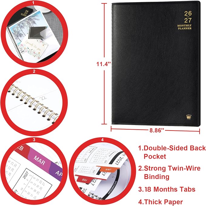 2026-2027 Monthly Planner/Calendar - Jul 2026 - Dec 2027, Monthly Planner 2026-2027, 18 Months, Faux Leather, 8.86" x 11.4", 15 Notes Pages, Strong Twin - Wire Binding, Tabs, Perfect Organizer - Black