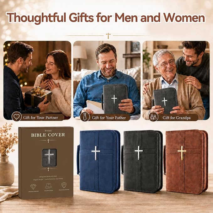 Bible Cover for Men and Women, PU Leather Large Bible Bag with Handle & Shoulder Strap, Bible Carrying Case with Cross Design and Pockets for Church, Bible Study & Christian Gifts, Black