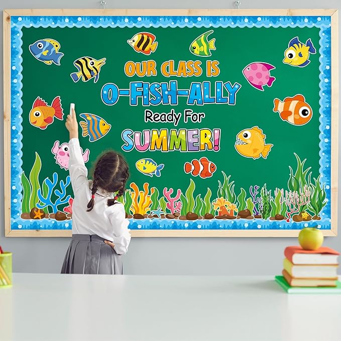 Justforjoyful Summer Ocean Sea Bulletin Board Decorations O-Fish-Ally Ready for Summer Theme Classroom Back to School Bulletin Board Border Set Tropical Marine Fish Paper Cutouts for School Home Decor