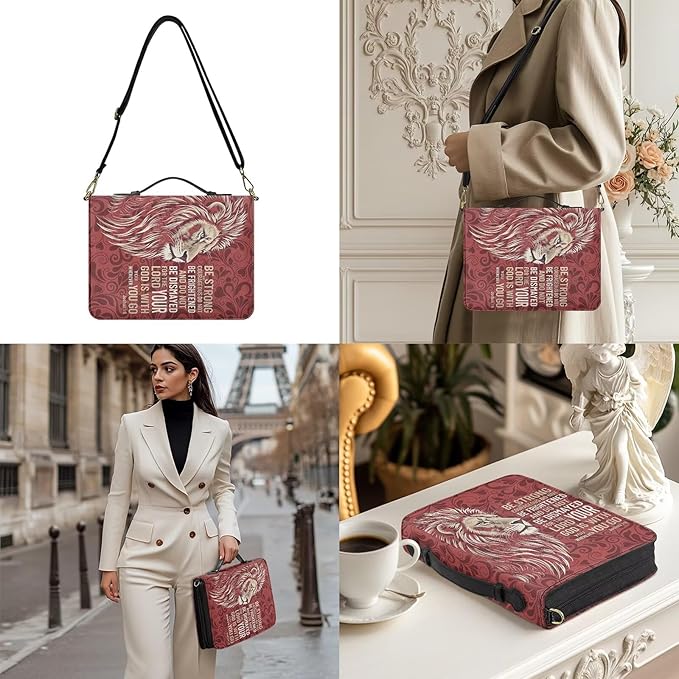 Extra Large Bible Carrying Case for Women, Red Bible Cover with Strap and Handle, Lion Print Joshua 1:9 Faux Leather Biblia Carrier with Inner Pockets and Pen Loop, Church Bags for Men