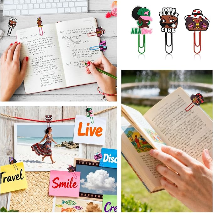 Cute Paper Clips,20Pcs Cute Black Girl Bookmark Paperclip Bulk Metal Fun Black Women Planner Clip Charms Clamp Desk Accessories Stationery Colorful Office Supplies gift for Student Teacher Party Decor