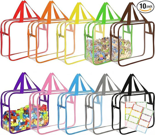 10 Pack Large Toy Storage Bags, Large Clear PVC Zipper Organizer Bags with Handles and Label Stickers, Reusable Storage Bags for Board Game Pieces, Puzzles, Building Blocks, Craft Supplies