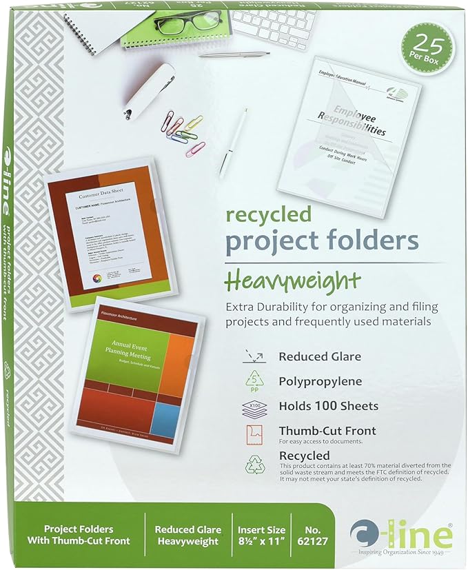C-Line Recycled Project Folders with Thumb Cut Fronts, Reduced Glare, Letter Size, Clear, 25 per Box (62127) (Pack of 10)