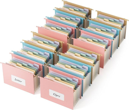 EcoStash 12-Pack Eco-Friendly Wheat Straw Hanging File Folders - 7 Expanding Pockets, Bulk Letter Size Organizers for Filing Cabinet,for Business Tax, School & Office - 3 Colors