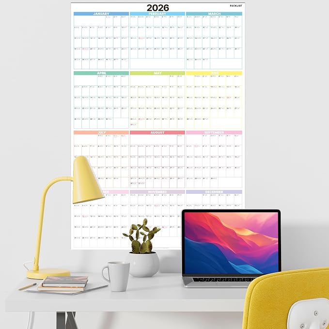 PACKLIST® 2026 Wall Calendar - Extra Large 33.1" x 23.4" Vertical Yearly Planner - Sunday Start - 4-Block Quarterly View - Premium 160 GSM Heavyweight Paper - Plastic-Free & Eco-Friendly - Office & Academic Organization