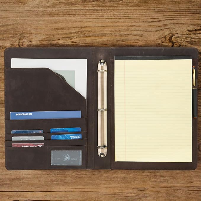 Genuine Leather 3 Ring Binder, 8.5 x 11 Letter Size Folio with Pen Holder, Soft Notebook Portfolio Cover, Slim Notepad Padfolio Thin File Organizer for Work Executive Meeting, Dark Khaki