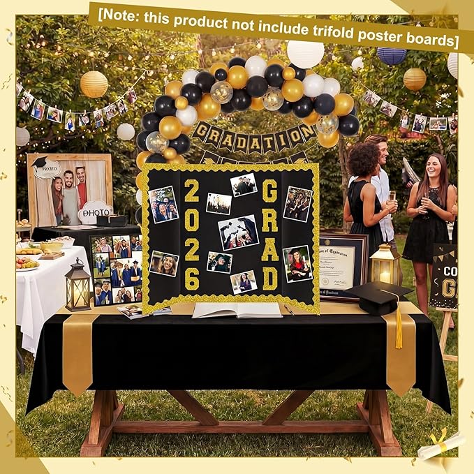 Gold 175 Pcs Graduation Photo Display Board Sticker Glitter Border Trim Alphabet Letter Number for 2026 Grad Party Trifold Poster Photo Display Science Fairs Event Displays Bulletin Board