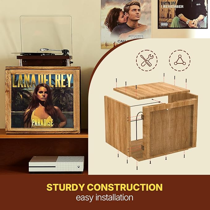 DGWJSU Vinyl Record Storage, Record Storage Box Holds 120 Records, Wooden Vinyl Holder Display Window(7″/10″/12″), Vinyl Storage For Music Corners, Display Collections, Home Theaters, Living Rooms