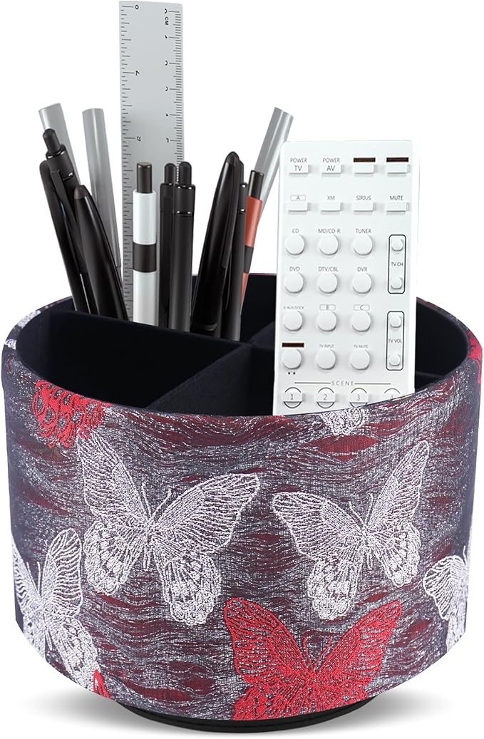Round Leather Art Supply Organizer,Remote Control Holder,360-degree Rotating Pen Organizer with 4 Compartments(1-Butterfly Red)