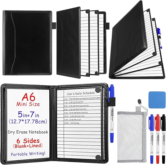 Feifeiya 6 Sides Dry Erase Notebook Portable Whiteboards Notebook Small Reusable College Ruled Lined Board Folding Mini Travel Dry Erase White Board for Office Study(Black,A6: 5 x 7 Inches)