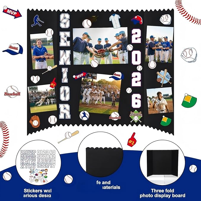 Tinlade 3 Set Baseball Senior Night Gifts Senior 2026 Photo Display Board 24" x 16" Trifold Poster Board with Baseball Themed Stickers for Graduation Picture Frame Sport Theme Party Supplies