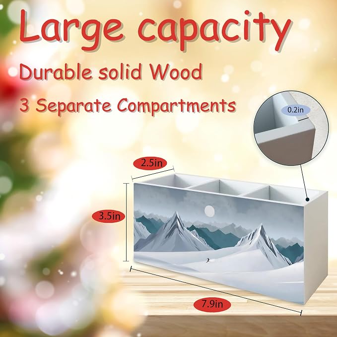 Rustic Winter Wooden Kitchen Utensils Holder, Ski Lovers Gifts, Winter Snowy Mountains Landscape Wood Cooking Utensil Organizer for Countertop Counter Shelf Table Decor Accessories