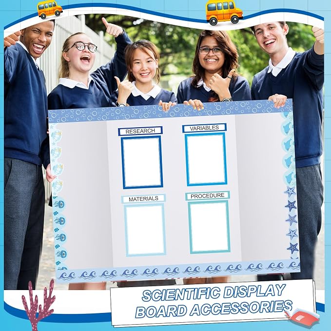 Fuyoooo 90 Pcs Science Fair Board Supplies 60 Trim Scalloped Bulletin Borders 24 Presentation Board Subtitles 6 Science Fair Titles for Classroom Display Boards (Ocean)