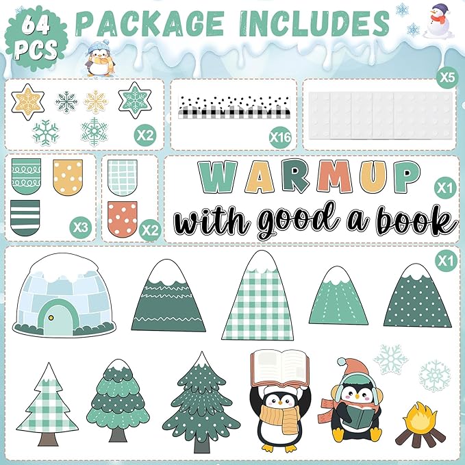 64Pcs Winter Reading Bulletin Board Decoration Set Warm up with a Good Book Classroom Decor Winter Penguin Snowflakes Paper Cutouts for School Home Chalkboard Christmas Xmas Holiday Party Supplies