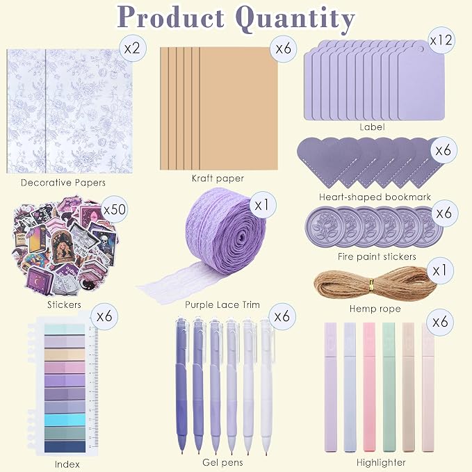 J6&H6 6 Set Blue-Themed Blind Date with a Book Gift excluding Books,Gift Set Including Lace Ribbons Patterned Paper Leather Bookmarks Stickers Blue Labels Kraft Paper for Literary Gifts (Purple)