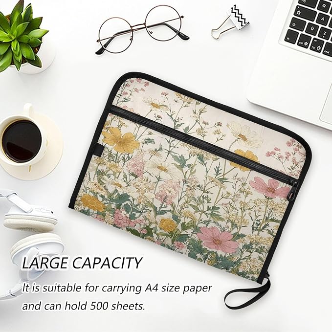 Pink Beige Flowers Accordion File Organizer Expanding Document Folder with 13 Pockets Portable File Folder for A4 Letter Size