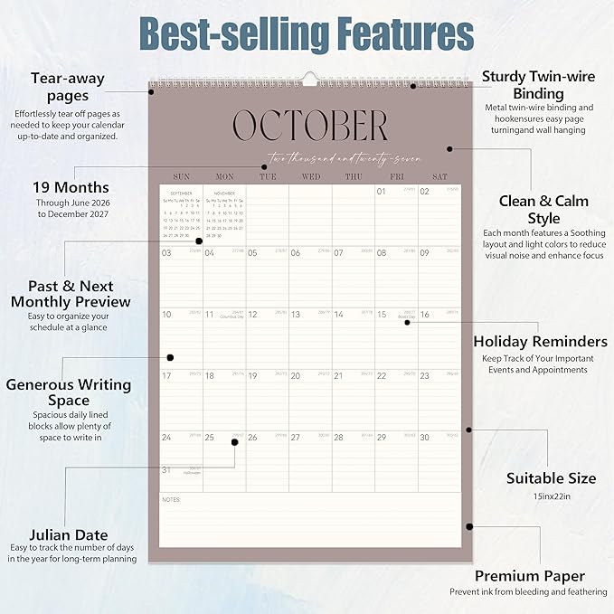 GuassLee Large Wall Calendar 2026-2027,22"x 15" Vertical Jumbo Desktop/Wall Calendar from Jun. 2026 to Dec. 2027,19-Month Hanging Planner with Julian Date for Office Home Organizing