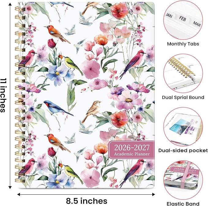 Academic Planner 2026-2027, Weekly and Monthly Calendar Book, July 2026 – June 2027, Hardcover Planner with Tabs, Perfect for Teachers, Students, Women & Men, A4 (8.5" x 11") - Songbird Bloom