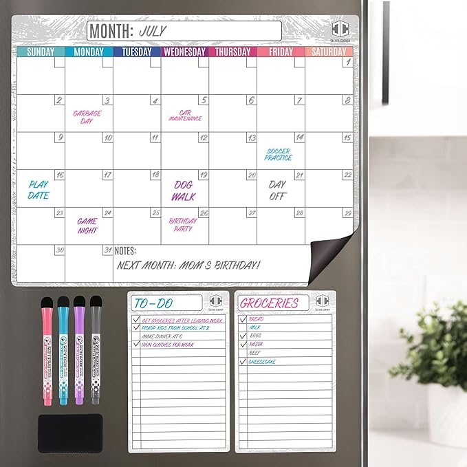 Dry Erase Magnetic Calendar for Refrigerator 16.5x13; 2 Wide Notepads; 4 Markers; Eraser - No Stain Monthly Fridge Calendar Whiteboard