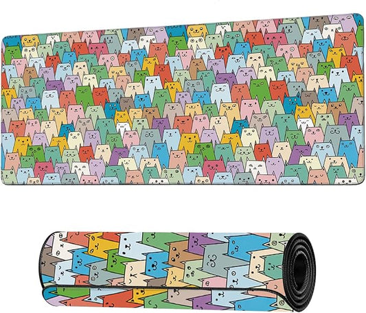 Cute Colorful Cats Extended Gaming Mouse Pad Large Desk Mat with Non-Slip Rubber Base and Stitched Edges,Keyboard Mouse Mat Desk Pad for Work,Game,Office,Home 35.4 * 15.7 Inch
