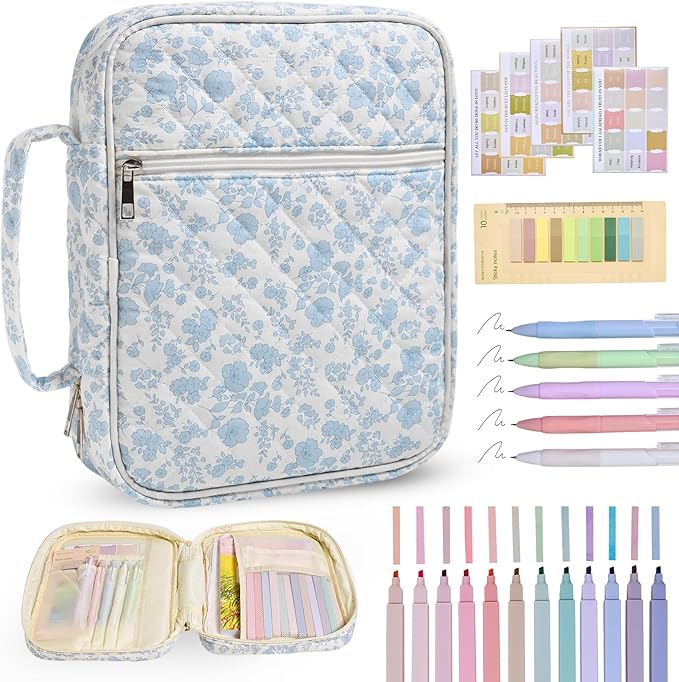 Bible Cover Case for Women Large Bible Cover Bag Quilted Bible Carrying Case for Girls Bible Study Supplies Accessories Christian Gifts for Women (Small Blue Floral, Large)