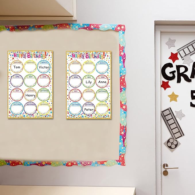 Wiooffen Happy Birthday Chart for Classroom, 2Pcs Birthday Poster Decoration 17’’ x 12’’ Colorful Dots Birthday Cake Calendar Cutouts for School Bulletin Board, Chalkboards, Wall Decor