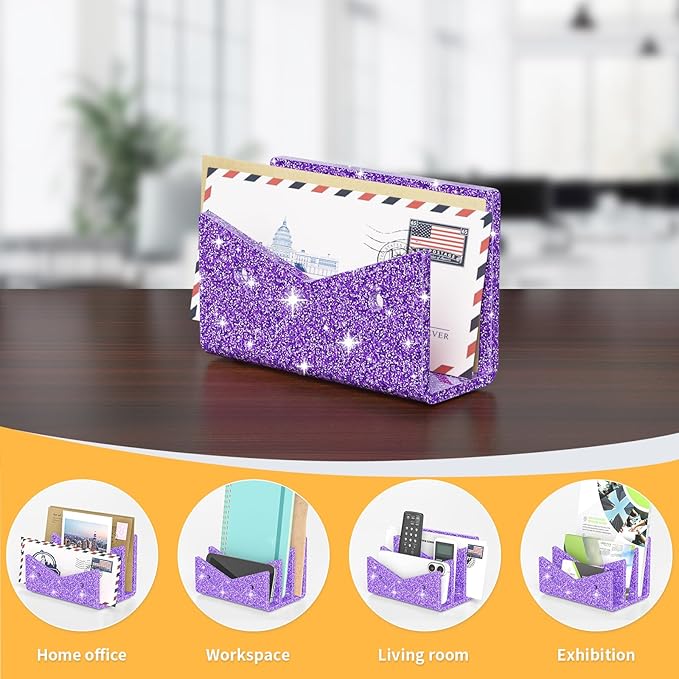 Mail Organizer Envelope Holder - Glitter Purple Acrylic Mail Holder Countertop Vertical Desk Organizer Small File Bill Document Notebook Letter Sorter for Home School Office Supplies