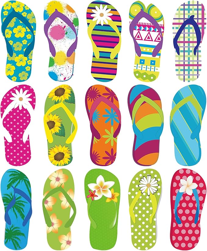 Tenare 60 Pieces Flip-Flop Accents Colorful Flip-Flop Cutouts Summer Bulletin Board Wall Decor Hawaiian Party Cutouts with Glue Point Dots for Classroom Party Decor