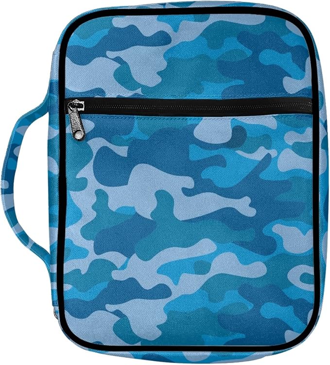 Coldinair Blue Camo Print Bible Cover for Men,Carrying Book Case Church Bag Bible Holder Protector with Handle and Zipper Pocket