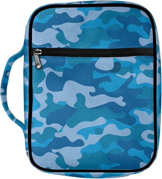 Coldinair Blue Camo Print Bible Cover for Men,Carrying Book Case Church Bag Bible Holder Protector with Handle and Zipper Pocket