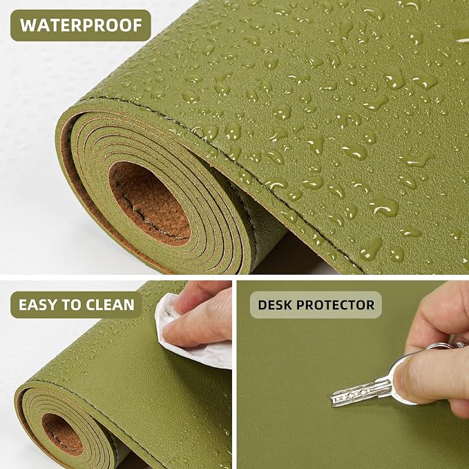 AFIING Leather Desk Pad Protector, Large Desk Mat with Natural Cork & PU Leather, Mouse Pad, Non-Slip, Waterproof Desk Writing Pad for Office and Home (Olive Green)