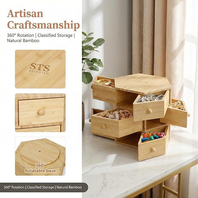 360° Rotatable Bamboo Desktop Organizer, Large Capacity Cosmetic & Jewelry Storage for Makeup Serum, Diamond, Easy Setup No Assembly (3-Tier 9-Drawers)