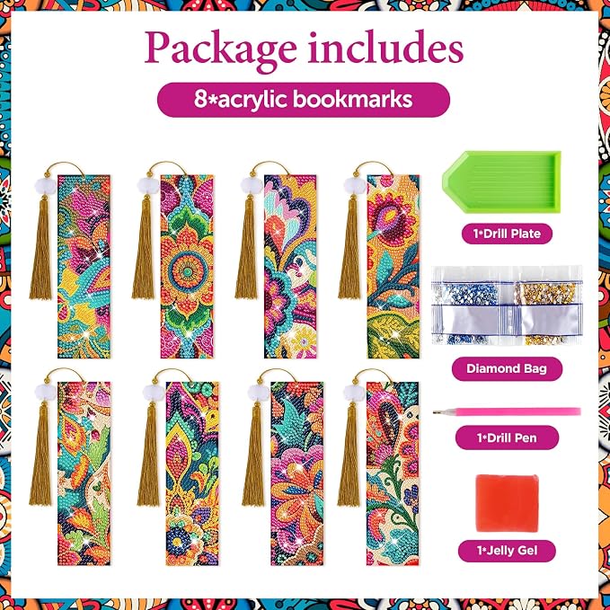 8 Pieces Christian Bible Verse Diamond Art Bookmarks 5d Christian Beaded Bookmark Acrylic Tassel Bookmark for DIY Making Beginners Adults Arts Craft Supplies (Boho-1)