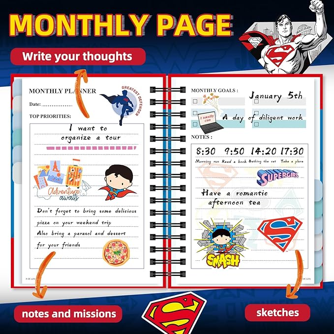 Superman Notebook Planner 2026, Hardcover Weekly/Monthly Planner with Notes Pages, Spiral Calendar Organizer Journal for Teacher Student Hero Fans (Plan B)