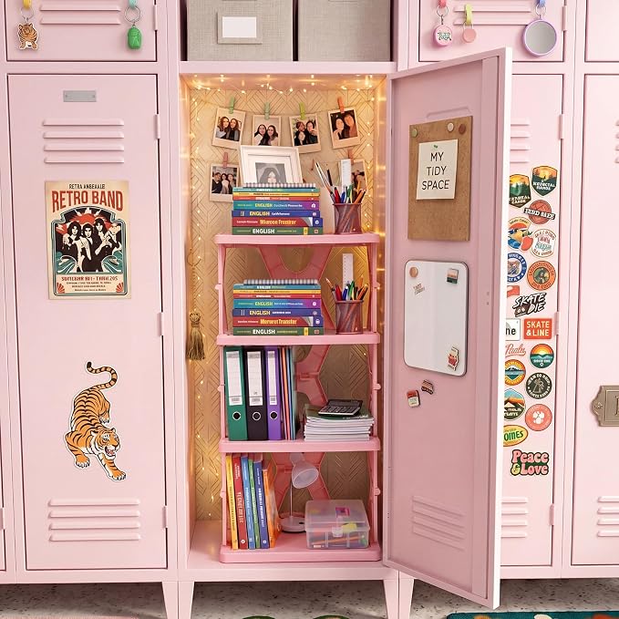 Lineshading 4 Tier Foldable Locker Organizer Shelf Foldable Storage Shelves Locker for School, Office, Gym Lockers, Dorm Room, Multi-Layer Shoe Gear Tower, Heavy-Duty No-Tool Portable Shelf(Pink)
